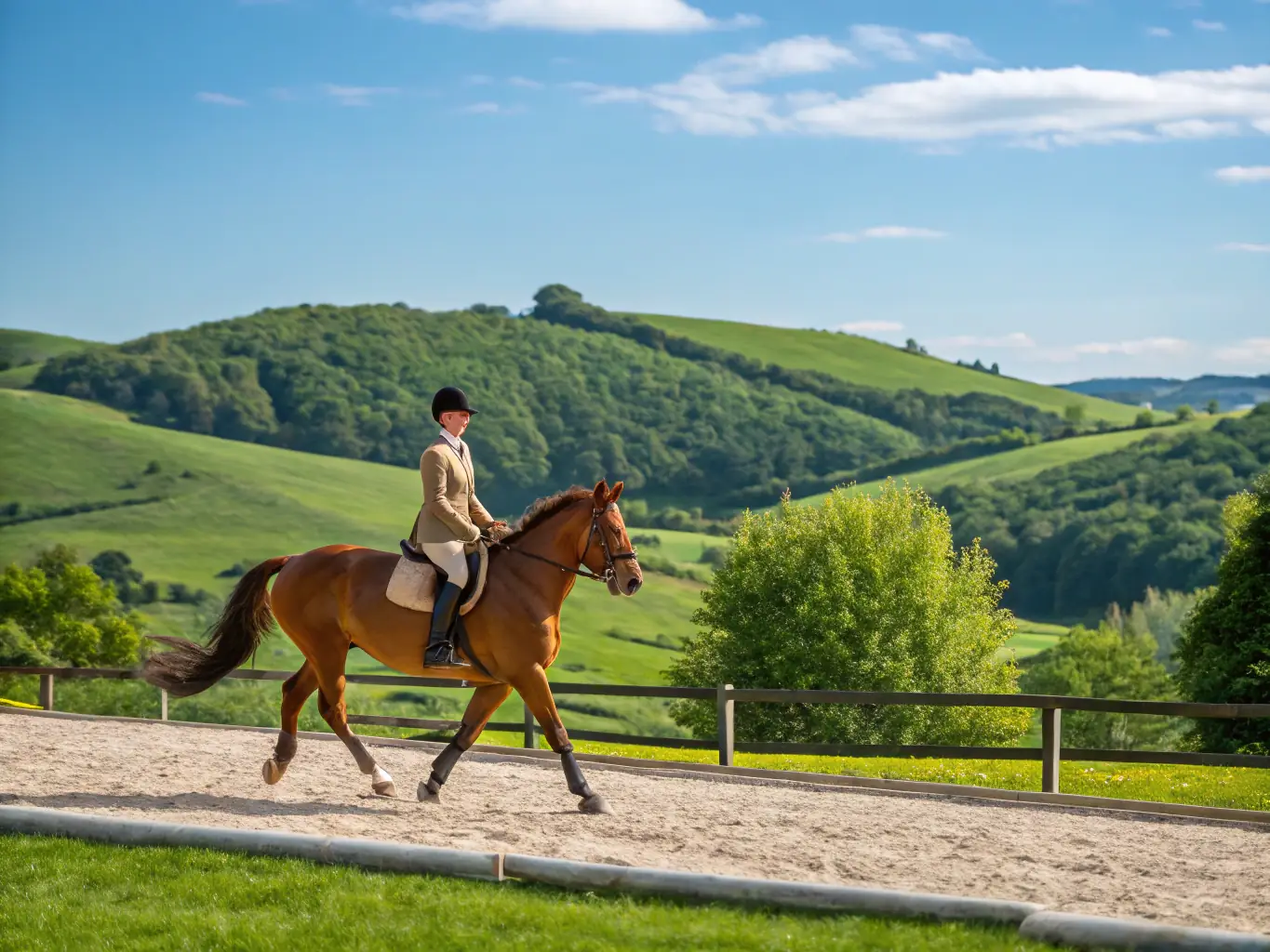 A horse wearing a well-fitted, premium leather saddle and bridle, being ridden by a person in a green pasture, demonstrating the quality and craftsmanship of Martin's Pet Shop's equestrian products.