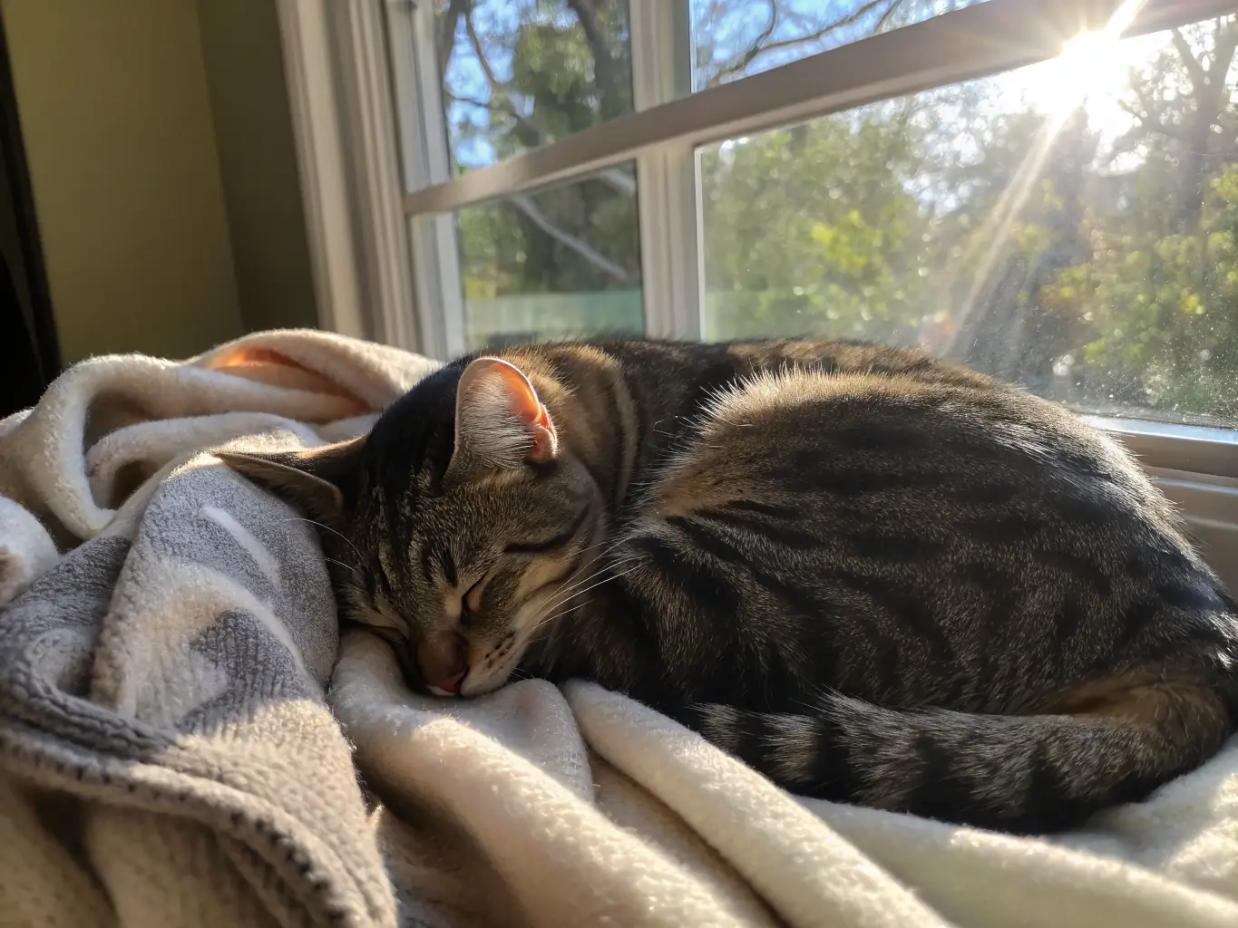 A cat comfortably sleeping on a premium, plush cat bed, surrounded by high-quality cat toys, illustrating the comfort and luxury provided by Martin's Pet Shop's premium cat products.